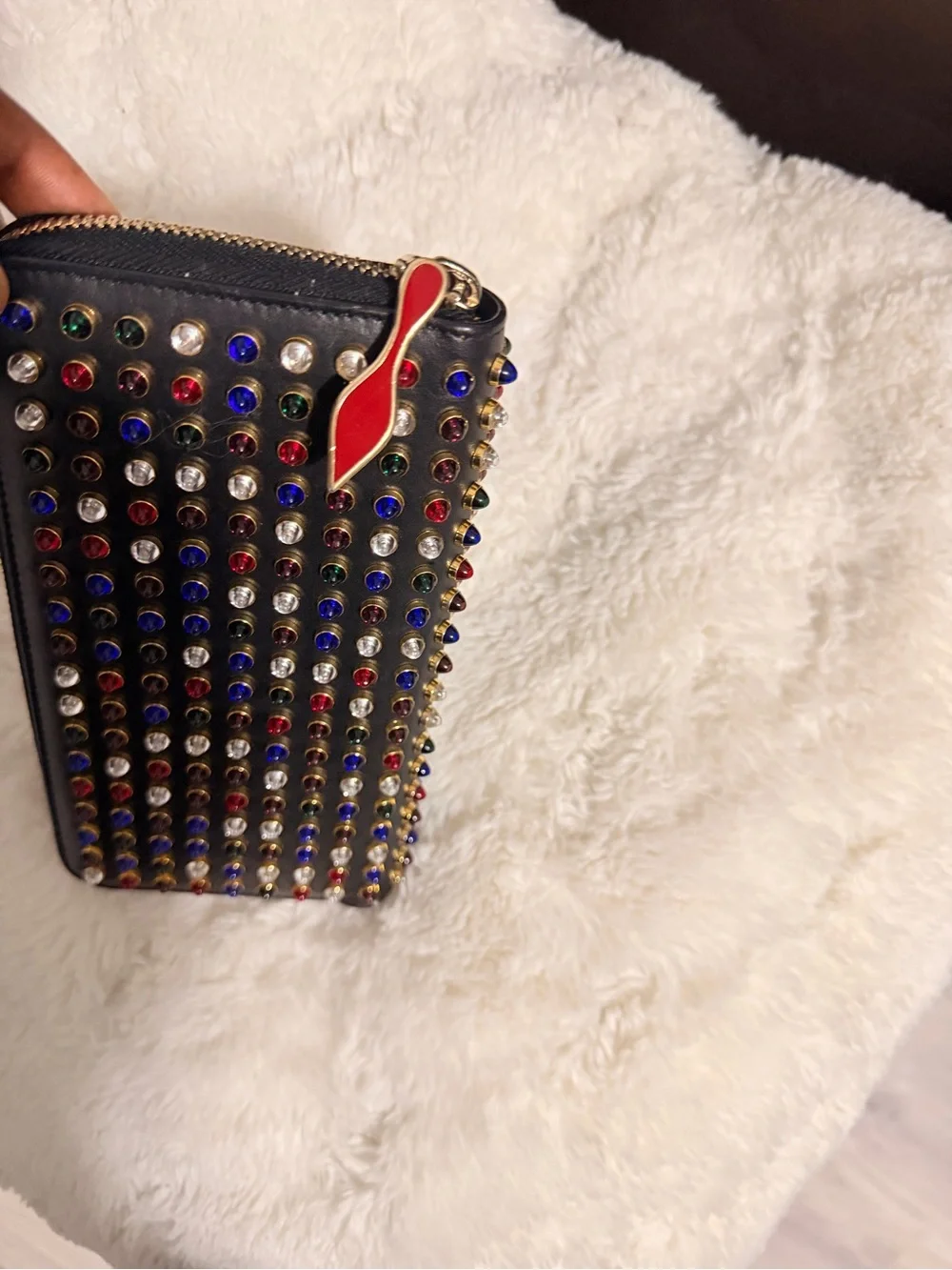 Christian Louboutin Black Zip-Around Wallet with Red, Blue & White Studs